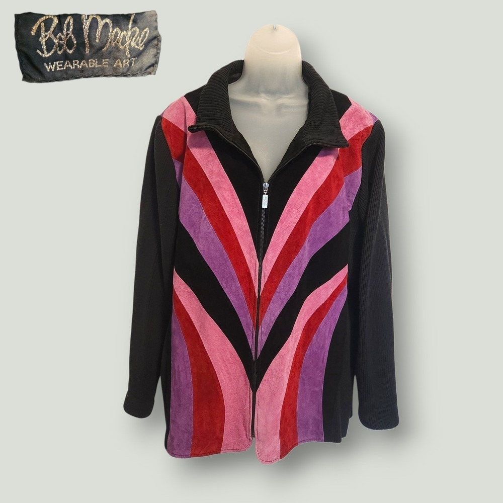 VTG Bob Mackie Wearable Art Suede Leather Sweater Jacket Patchwork Pink Red 2X